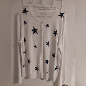 Charter Club White Cardigan with Navy Star Pattern